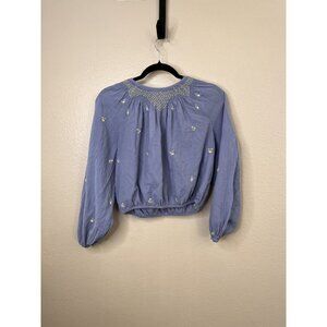American Eagle Womens Blue Embroidered Crop Blouse Size S Bohemian Cotton